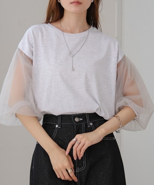 Bab(バブ)の「シアーボリュームスリーブトップス(Tシャツ/カットソー・レディース・ベージュ/ホワイト系その他/チャコールグレー/杢グレー・FREE)」の1枚目の写真