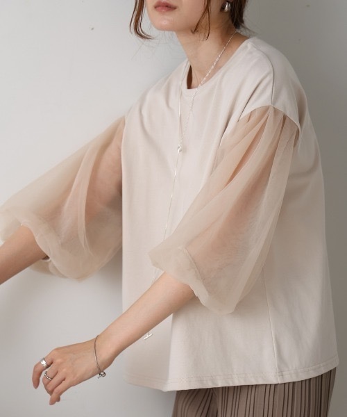 Bab(バブ)の「シアーボリュームスリーブトップス(Tシャツ/カットソー・レディース・ベージュ/ホワイト系その他/チャコールグレー/杢グレー・FREE)」の5枚目の写真