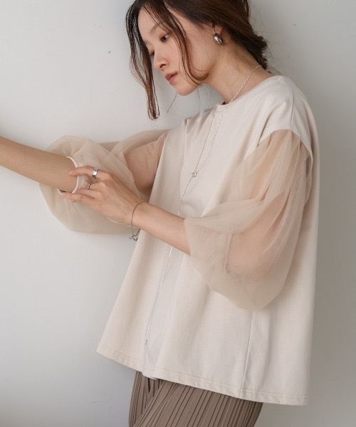 Bab(バブ)の「シアーボリュームスリーブトップス(Tシャツ/カットソー・レディース・ベージュ/ホワイト系その他/チャコールグレー/杢グレー・FREE)」の8枚目の写真
