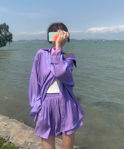 DEVICE（デバイス）の「オーバーシャツ ショートパンツ ラッシュガード 2点セット（ラッシュガード・レディース・ブルー/パープル・FREE）」の6枚目の写真