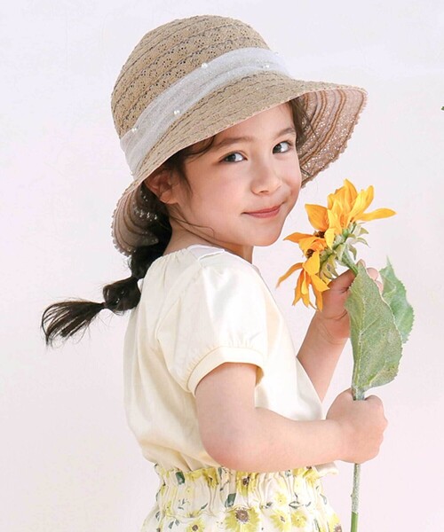 SLAP SLIP（スラップスリップ）の「パール付きキラキラチュールリボンハット(48~54cm)（ハット・キッズ・ベージュ/オフホワイト・52cm/50cm/54cm/48cm）」の3枚目の写真