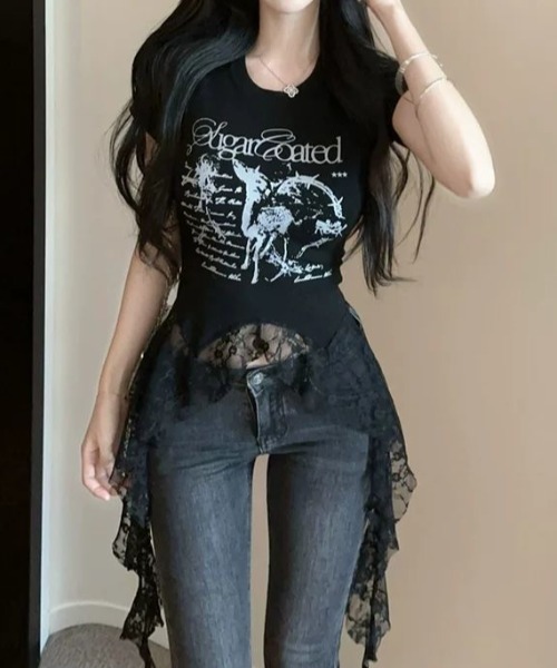 セール】レースフリルイレヘムプリントTシャツ（Tシャツ/カットソー