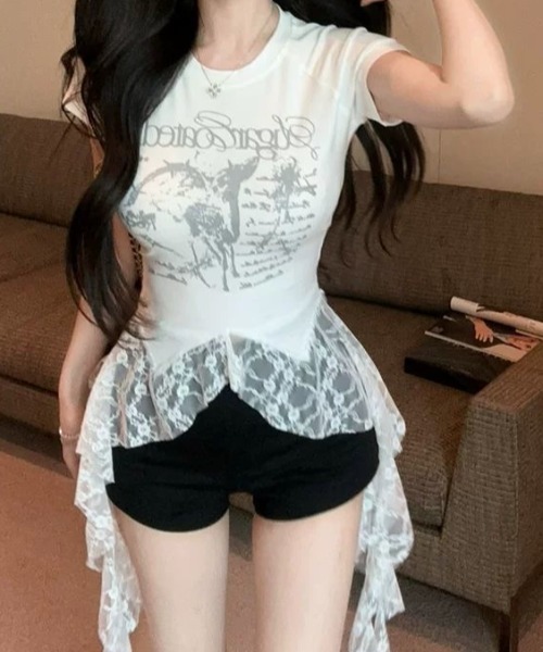 SHEENA(シーナ)の「レースフリルイレヘムプリントTシャツ(Tシャツ/カットソー・レディース・ブラック/ホワイト・M)」の12枚目の写真
