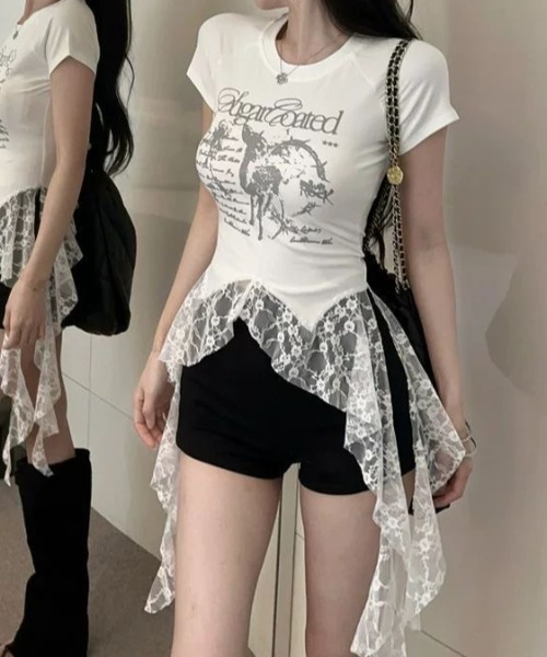 SHEENA(シーナ)の「レースフリルイレヘムプリントTシャツ(Tシャツ/カットソー・レディース・ブラック/ホワイト・M)」の16枚目の写真