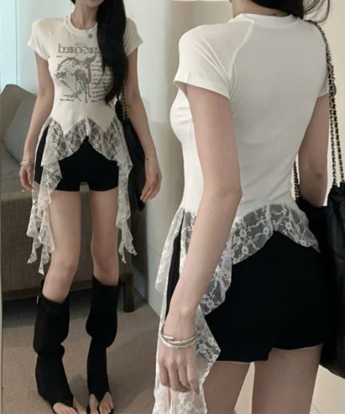 SHEENA(シーナ)の「レースフリルイレヘムプリントTシャツ(Tシャツ/カットソー・レディース・ブラック/ホワイト・M)」の18枚目の写真