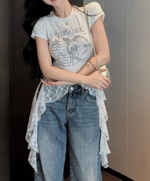 セール】レースフリルイレヘムプリントTシャツ（Tシャツ/カットソー