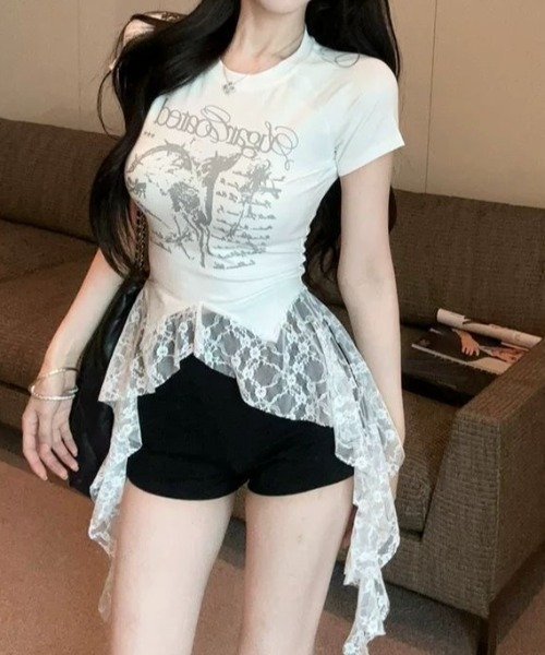 SHEENA(シーナ)の「レースフリルイレヘムプリントTシャツ(Tシャツ/カットソー・レディース・ブラック/ホワイト・M)」の8枚目の写真
