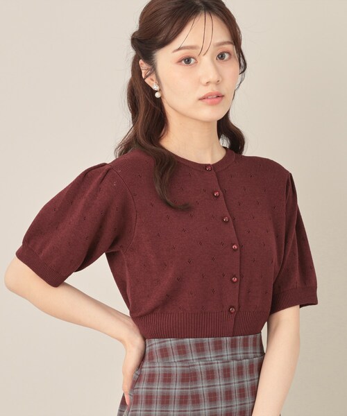 couture brooch(クチュールブローチ)の「パターンメッシュ半袖カーディガン(カーディガン/ボレロ・レディース・ブラック/ボルドー/オフホワイト・38)」の3枚目の写真