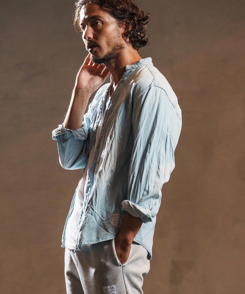 wjk reluxe(ダブルジェーケーリラックス)の「ms6194-wrinkle band collar denim shirts デニムシャツ(WR25W-14)(シャツ/ブラウス・メンズ・ライトブラック/ライトインディゴブルー/ブルー系その他・L/M/S)」の4枚目の写真