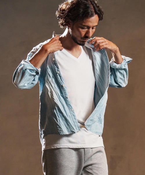 wjk reluxe(ダブルジェーケーリラックス)の「ms6194-wrinkle band collar denim shirts デニムシャツ(WR25W-14)(シャツ/ブラウス・メンズ・ライトブラック/ライトインディゴブルー/ブルー系その他・L/M/S)」の5枚目の写真