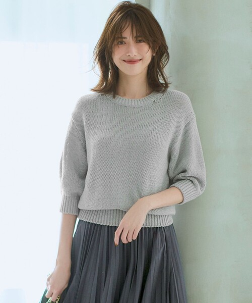23区 L(ニジュウサンクオオキイサイズ)の「【洗える】ルレックスバルキー5分袖 ラメ ニット(ニット/セーター・レディース・ライトグレー系/ネイビー系・44/46)」の2枚目の写真