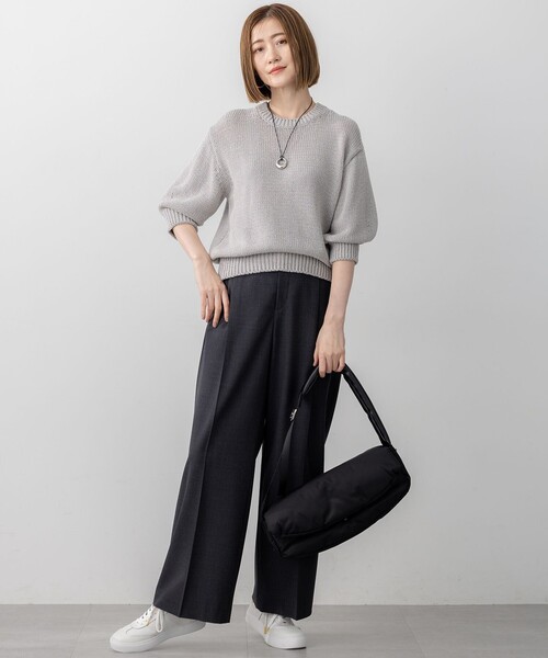 23区 L(ニジュウサンクオオキイサイズ)の「【洗える】ルレックスバルキー5分袖 ラメ ニット(ニット/セーター・レディース・ライトグレー系/ネイビー系・44/46)」の9枚目の写真