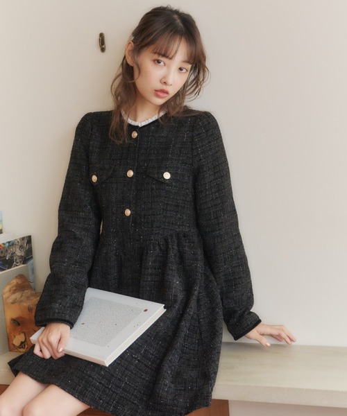 Lallana（ララーナ）の「Lame coco tweed frill dress/ラメココ