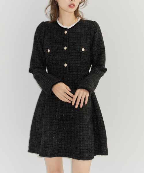 Lallana(ララーナ) ラメココツイードフリルワンピース ブラック Lallana（ララーナ）の「Lame coco tweed frill dress/ラメココ