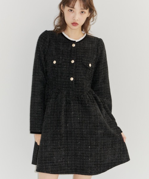Lallana ラメココツイードフリルワンピース チェック フリーサイズ Lame coco tweed frill dress/ラメココツイードフリルワンピース