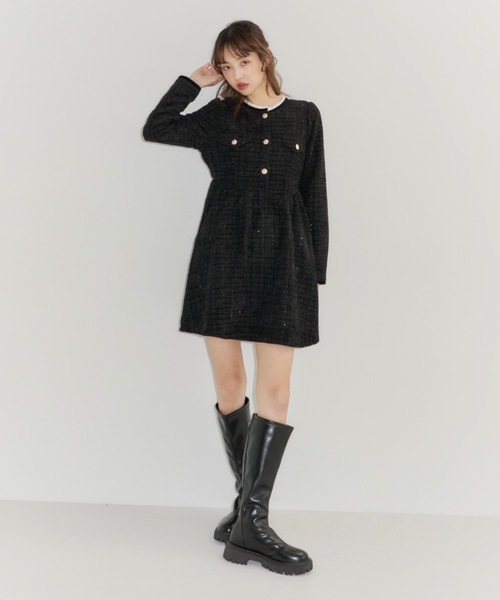 Lallana(ララーナ) ラメココツイードフリルワンピース ブラック Lame coco tweed frill dress/ラメココツイードフリルワンピース