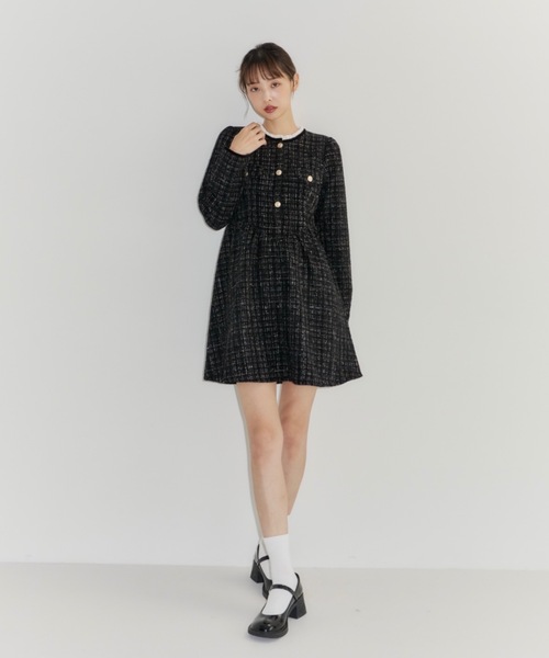 Lallana(ララーナ) ラメココツイードフリルワンピース ブラック Lame coco tweed frill dress/ラメココツイードフリルワンピース