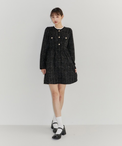 Lallana ラメココツイードフリルワンピース チェック フリーサイズ Lame coco tweed frill dress/ラメココツイードフリルワンピース