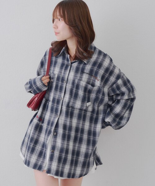 セール】衿合皮刺繍入りチェックシャツ（シャツ/ブラウス