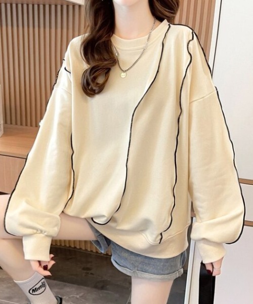 cammie(キャミー)の「配色メロウデザインビッグシルエットスウェットトップス(スウェット・レディース・アイボリー/ブラック/グレー・M/L)」の2枚目の写真
