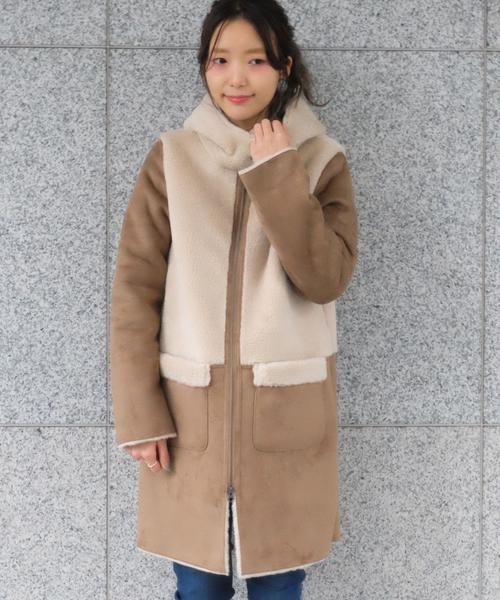 Another Edition（アナザーエディション）の「フェイクムートンコンビコート/AEBC F/MOUTON COMBI CT（ムートンコート・レディース・ベージュ/ブラック・MEDIUM/SMALL）」の2枚目の写真