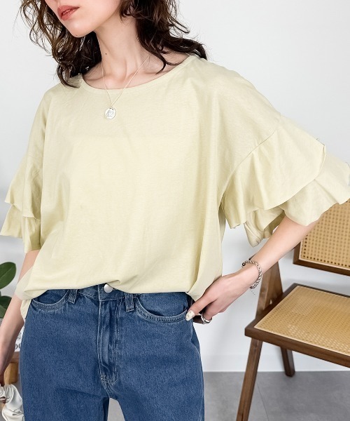 RCD(アールシーディー)の「ダブルフリルスリーブプルオーバー(Tシャツ/カットソー・レディース・ライトブラウン/テラコッタ/ベージュ/ブラック/カーキ・LL~3L/M-L)」の4枚目の写真