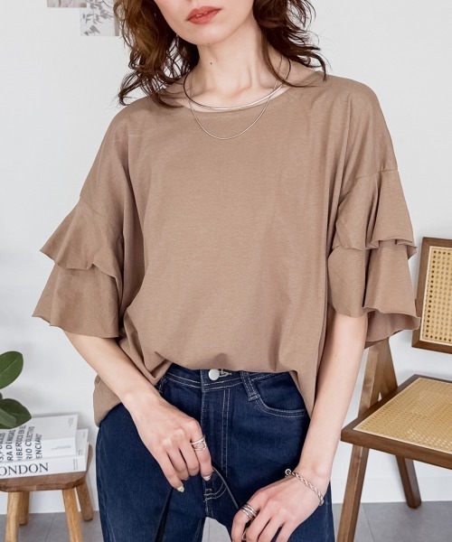 RCD(アールシーディー)の「ダブルフリルスリーブプルオーバー(Tシャツ/カットソー・レディース・ライトブラウン/テラコッタ/ベージュ/ブラック/カーキ・LL~3L/M-L)」の20枚目の写真