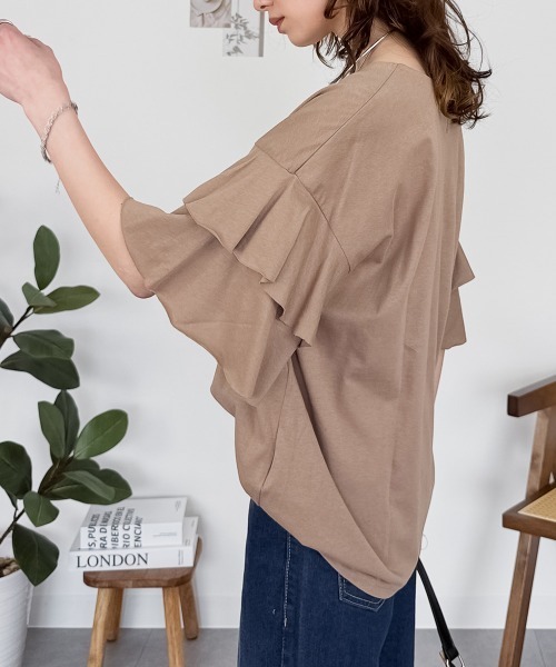 RCD(アールシーディー)の「ダブルフリルスリーブプルオーバー(Tシャツ/カットソー・レディース・ライトブラウン/テラコッタ/ベージュ/ブラック/カーキ・LL~3L/M-L)」の21枚目の写真