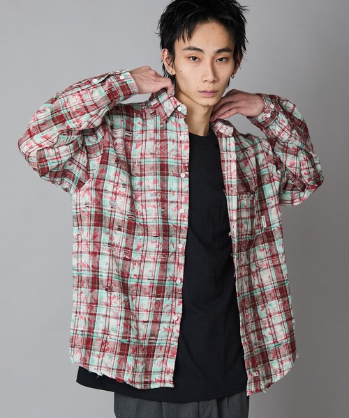 Theater code(シアターコード)の「Regular Collar Floral Tartan Check Shirt / レギュラーカラー 花柄 タータンチェックシャツ(シャツ/ブラウス・メンズ・ベージュ/レッド・M/L)」の2枚目の写真