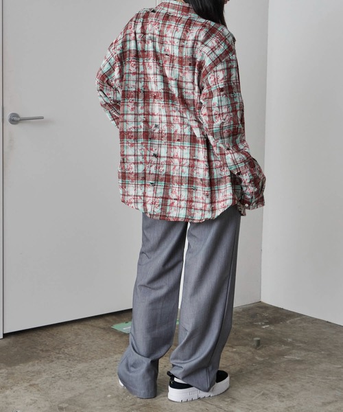 Theater code(シアターコード)の「Regular Collar Floral Tartan Check Shirt / レギュラーカラー 花柄 タータンチェックシャツ(シャツ/ブラウス・メンズ・ベージュ/レッド・M/L)」の5枚目の写真