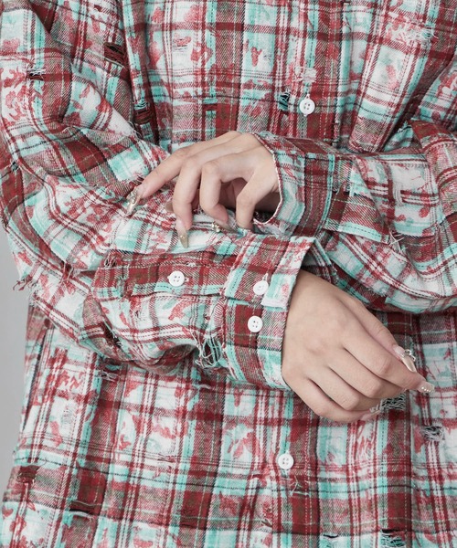 Theater code(シアターコード)の「Regular Collar Floral Tartan Check Shirt / レギュラーカラー 花柄 タータンチェックシャツ(シャツ/ブラウス・メンズ・ベージュ/レッド・M/L)」の10枚目の写真