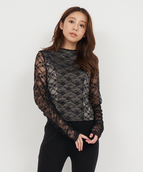 ROYAL PARTY(ロイヤルパーティー)の「ダブルレースギャザースリーブシアートップス(Tシャツ/カットソー・レディース・ブラック/オフホワイト・FREE)」の3枚目の写真