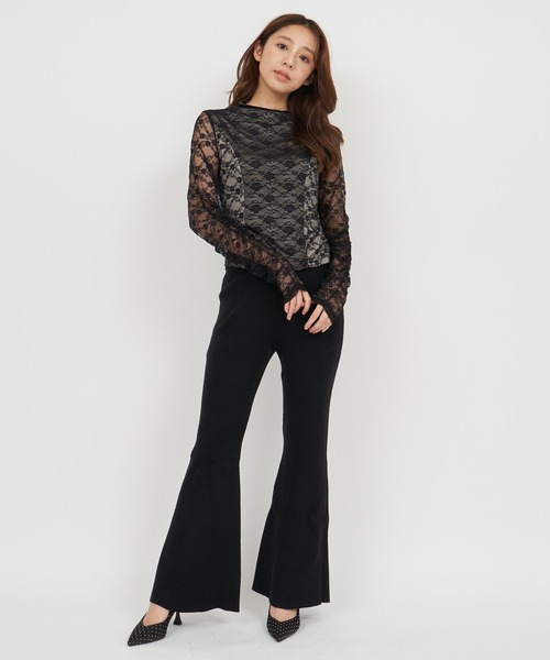 ROYAL PARTY(ロイヤルパーティー)の「ダブルレースギャザースリーブシアートップス(Tシャツ/カットソー・レディース・ブラック/オフホワイト・FREE)」の4枚目の写真