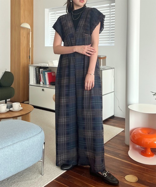 セール】チェック柄 シャーリングサロペット（サロペット