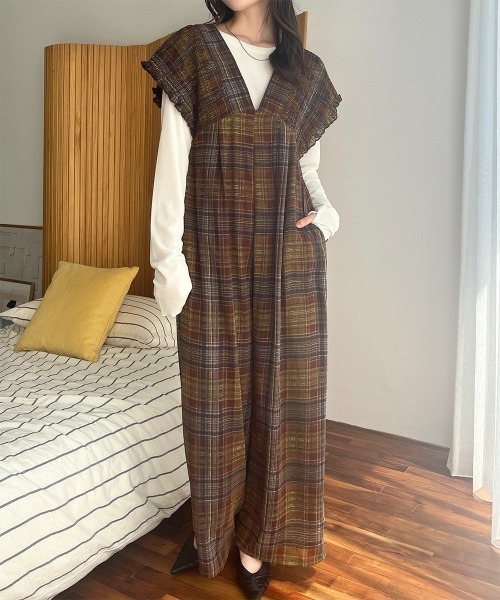 chahchah × Lee チェックオーバーオール Lee チェック柄