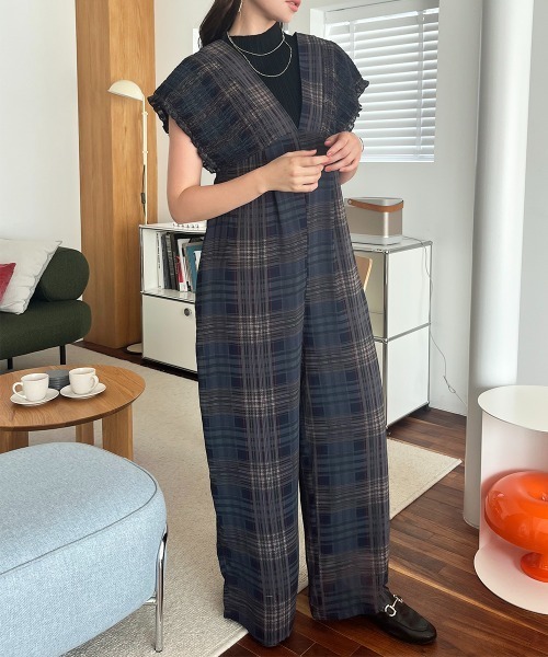 セール】チェック柄 シャーリングサロペット（サロペット