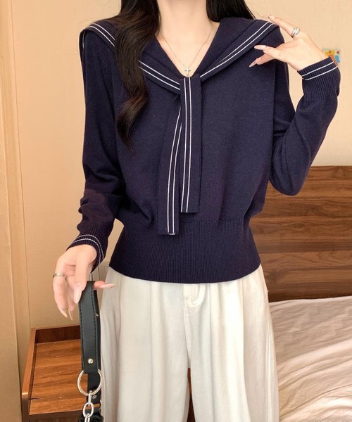 セール】セーラーカラー ストライプニット（ニット/セーター）｜MAISON