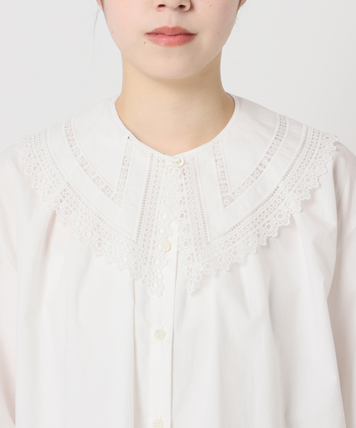 セール】コットンビッグカラー付きギャザーブラウス（シャツ/ブラウス