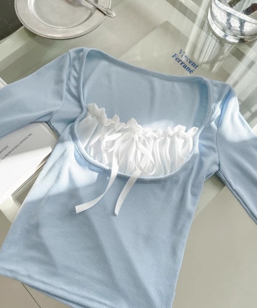 Dormiir(ドルミール)の「【Dormiir】ヨーク切替デザイン長袖トップス / カットソー(Tシャツ/カットソー・レディース・ライトブルー/ブラック・FREE)」の4枚目の写真