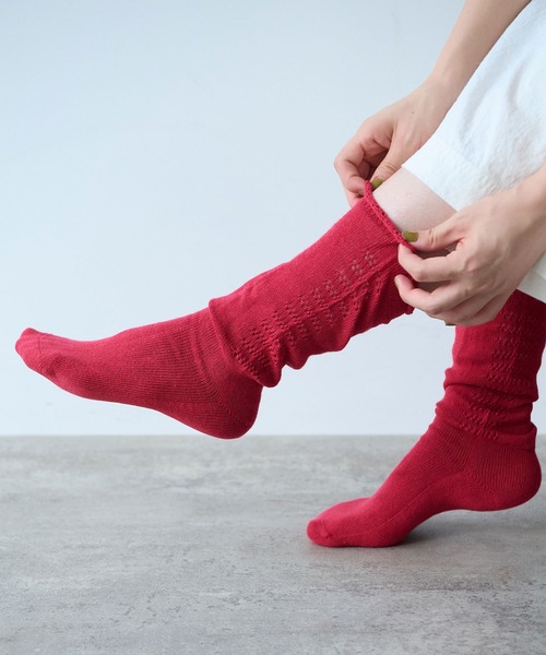 bulle de savon(ビュルデサボン)の「コットン/リネン 透かし編みsocks(ソックス/靴下・レディース・ホワイト/ブルー/レッド・FREE)」の3枚目の写真