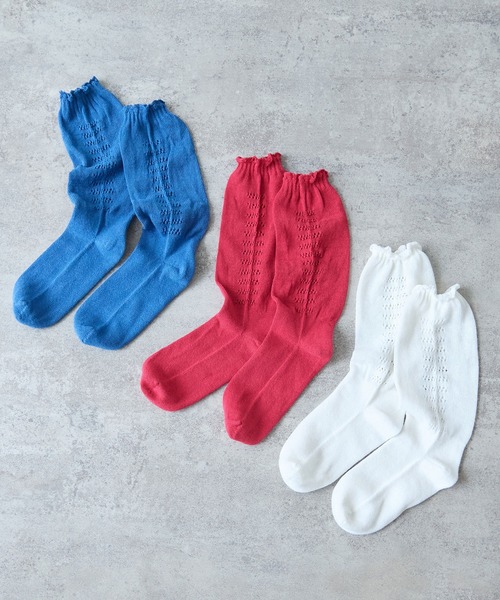 bulle de savon(ビュルデサボン)の「コットン/リネン 透かし編みsocks(ソックス/靴下・レディース・ホワイト/ブルー・FREE)」の8枚目の写真