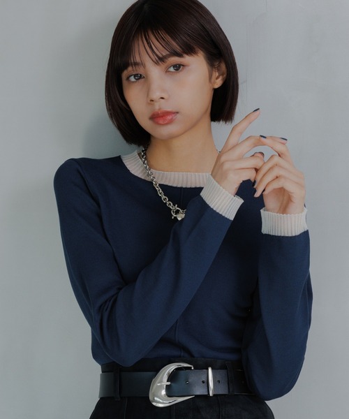 PAGEBOY（ページボーイ）の「シアーＭＩＸプルオーバー（ニット/セーター・レディース・ブラック/オフホワイト/ネイビー/モスグリーン・FREE）」の4枚目の写真