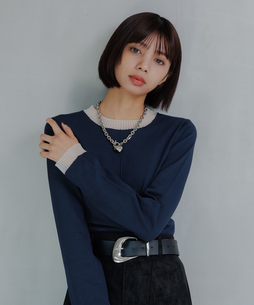 PAGEBOY（ページボーイ）の「シアーＭＩＸプルオーバー（ニット/セーター・レディース・ブラック/オフホワイト/ネイビー/モスグリーン・FREE）」の6枚目の写真