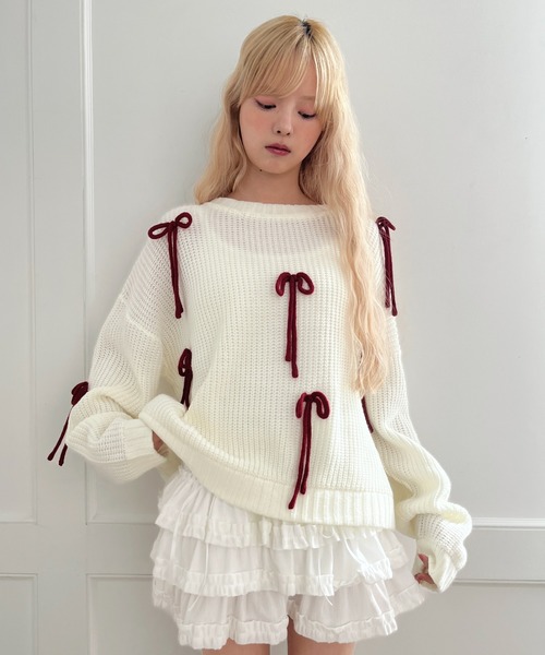 MORE self LOVE(モアセルフラブ)の「Lovely Ribbon Knit(ニット/セーター・レディース・レッド/ネイビー/オフホワイト・FREE)」の2枚目の写真
