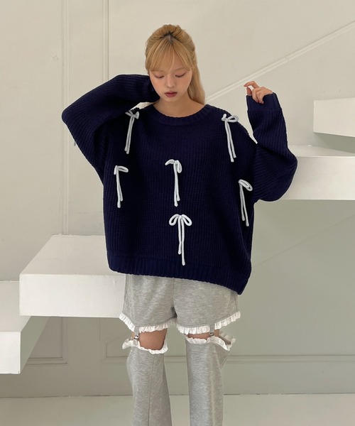 MORE self LOVE(モアセルフラブ)の「Lovely Ribbon Knit(ニット/セーター・レディース・レッド/ネイビー/オフホワイト・FREE)」の8枚目の写真