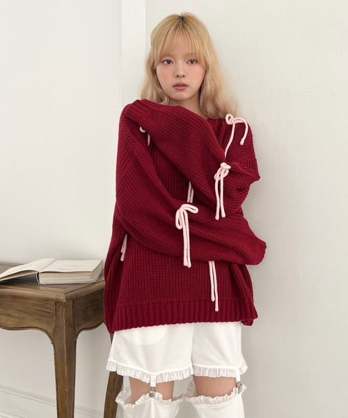 MORE self LOVE(モアセルフラブ)の「Lovely Ribbon Knit(ニット/セーター・レディース・レッド/ネイビー/オフホワイト・FREE)」の4枚目の写真