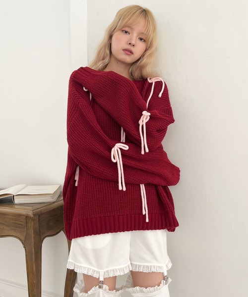 MORE self LOVE(モアセルフラブ)の「Lovely Ribbon Knit(ニット/セーター・レディース・レッド/ネイビー/オフホワイト・FREE)」の5枚目の写真