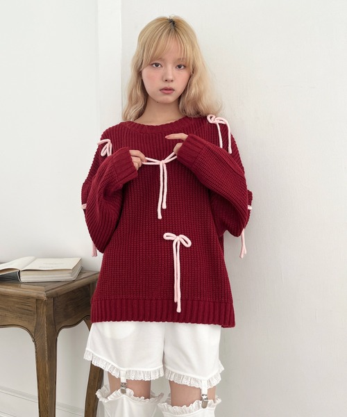 MORE self LOVE(モアセルフラブ)の「Lovely Ribbon Knit(ニット/セーター・レディース・レッド/ネイビー/オフホワイト・FREE)」の7枚目の写真