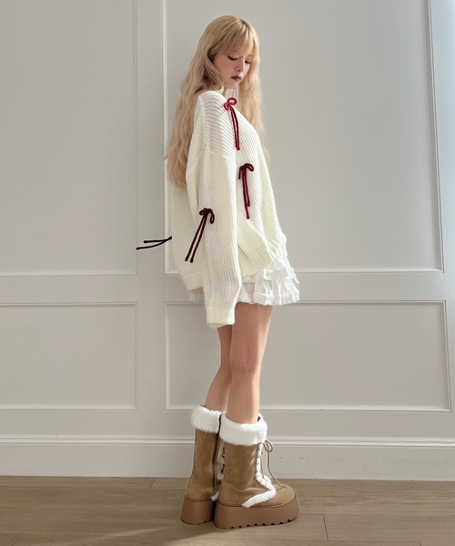 MORE self LOVE(モアセルフラブ)の「Lovely Ribbon Knit(ニット/セーター・レディース・レッド/ネイビー/オフホワイト・FREE)」の14枚目の写真