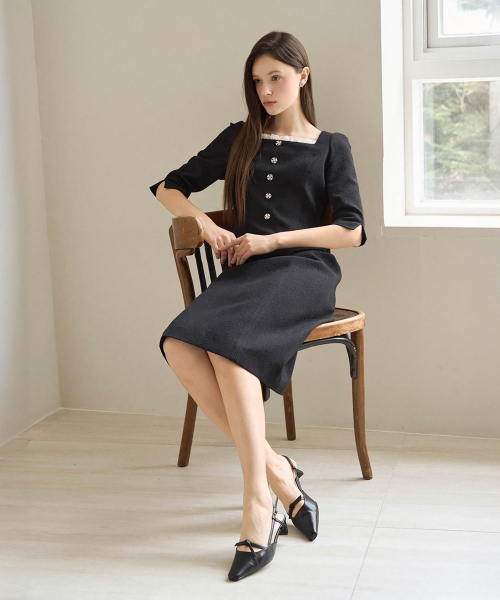 JULIY&CALLA（ジュリー&カラー）の「25SS カラー 112 ワンパインデイ ムアールツイードワンピース ブラック（ワンピース・レディース・その他・SMALL/MEDIUM）」の3枚目の写真
